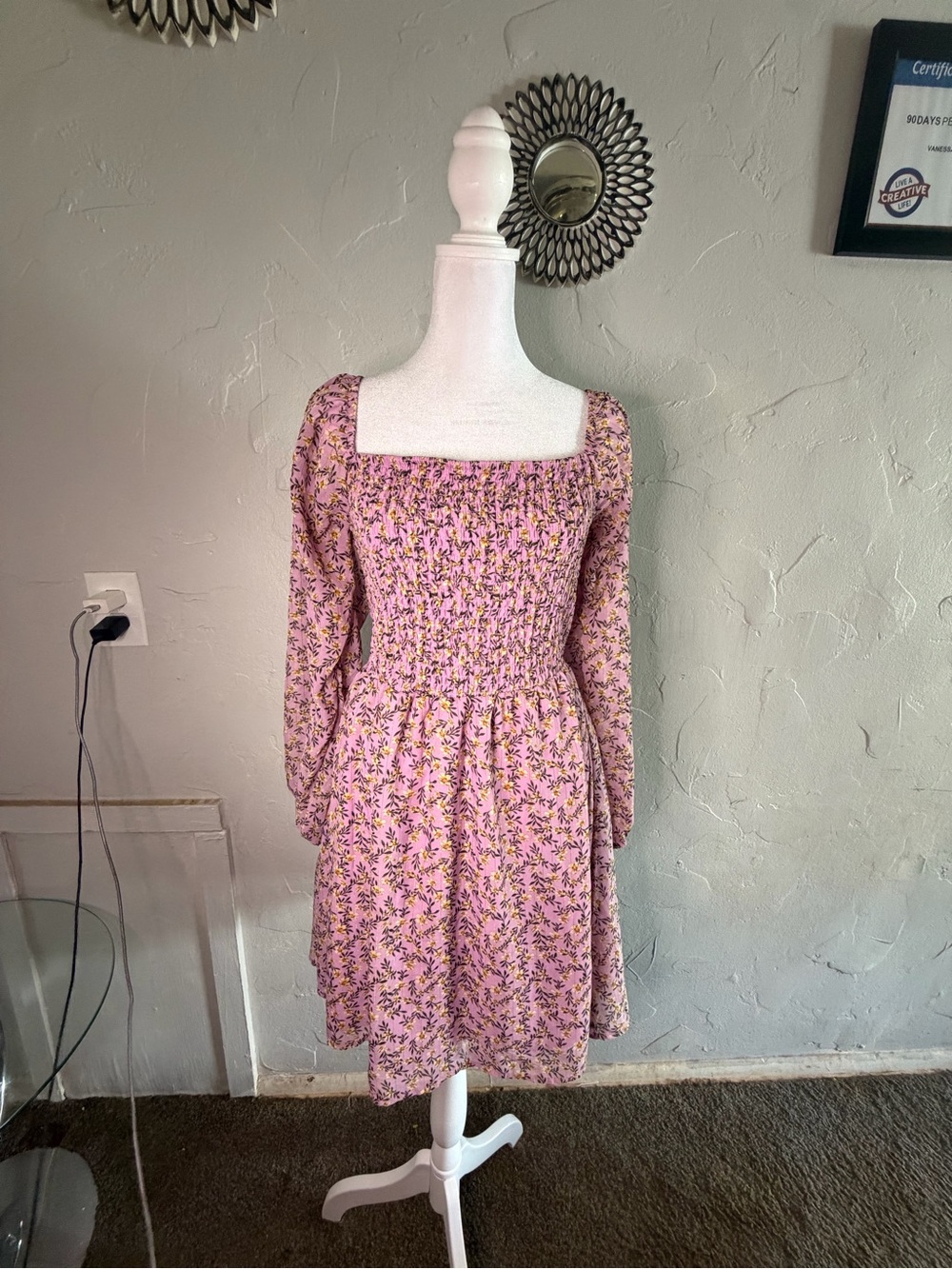 Rue21 Pink Floral Long-Sleeve Smocked Square-Neck Dress
